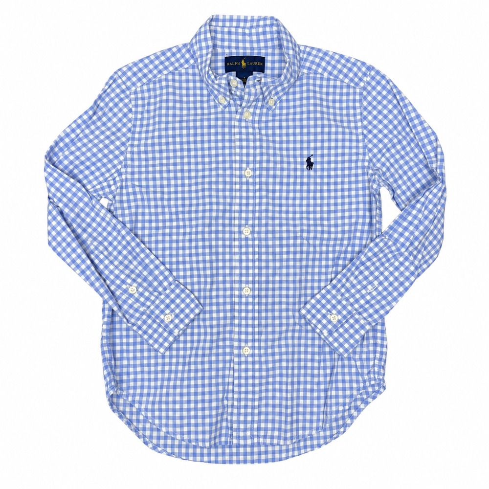 Ralph Lauren Boys Gingham Long Sleeve Button Down Shirt Sz 6 Blue Coastal Pony